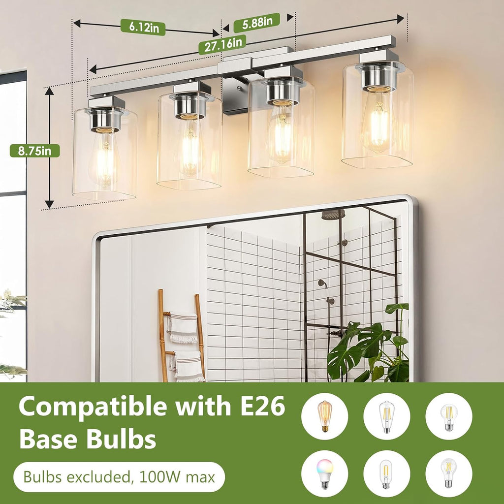 27" Bathroom Light Fixtures,4-Light Vanity Light Brushed Nickel | Square Clear Glass & Durable Metal, Quick & Easy