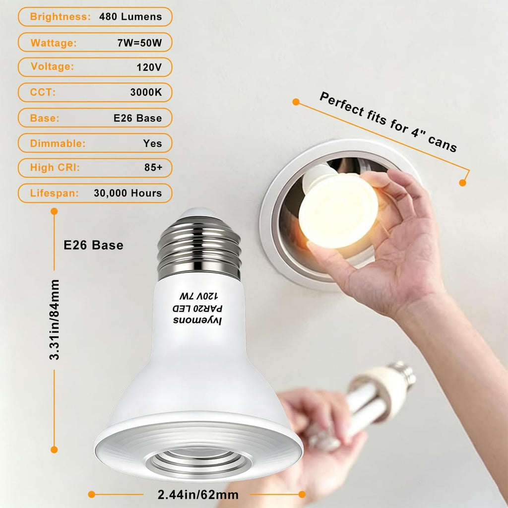 PAR20 LED Bulbs Dimmable 7W 3000K 480LM 6 Pack