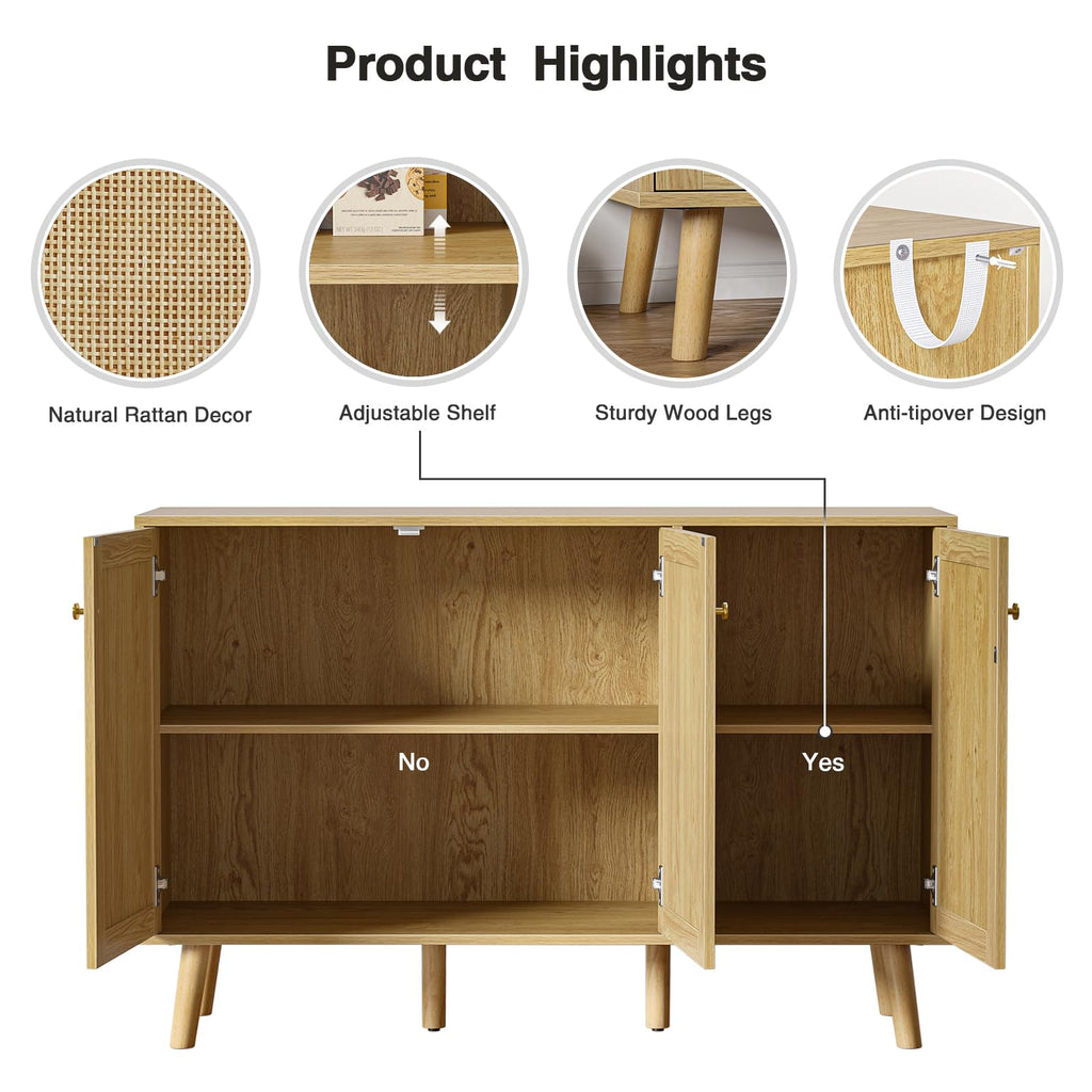 Sideboard Cabinet with Natural Rattan Doors, Hallway Buffet Cabinet Entryway Accent, Storage Cabinet