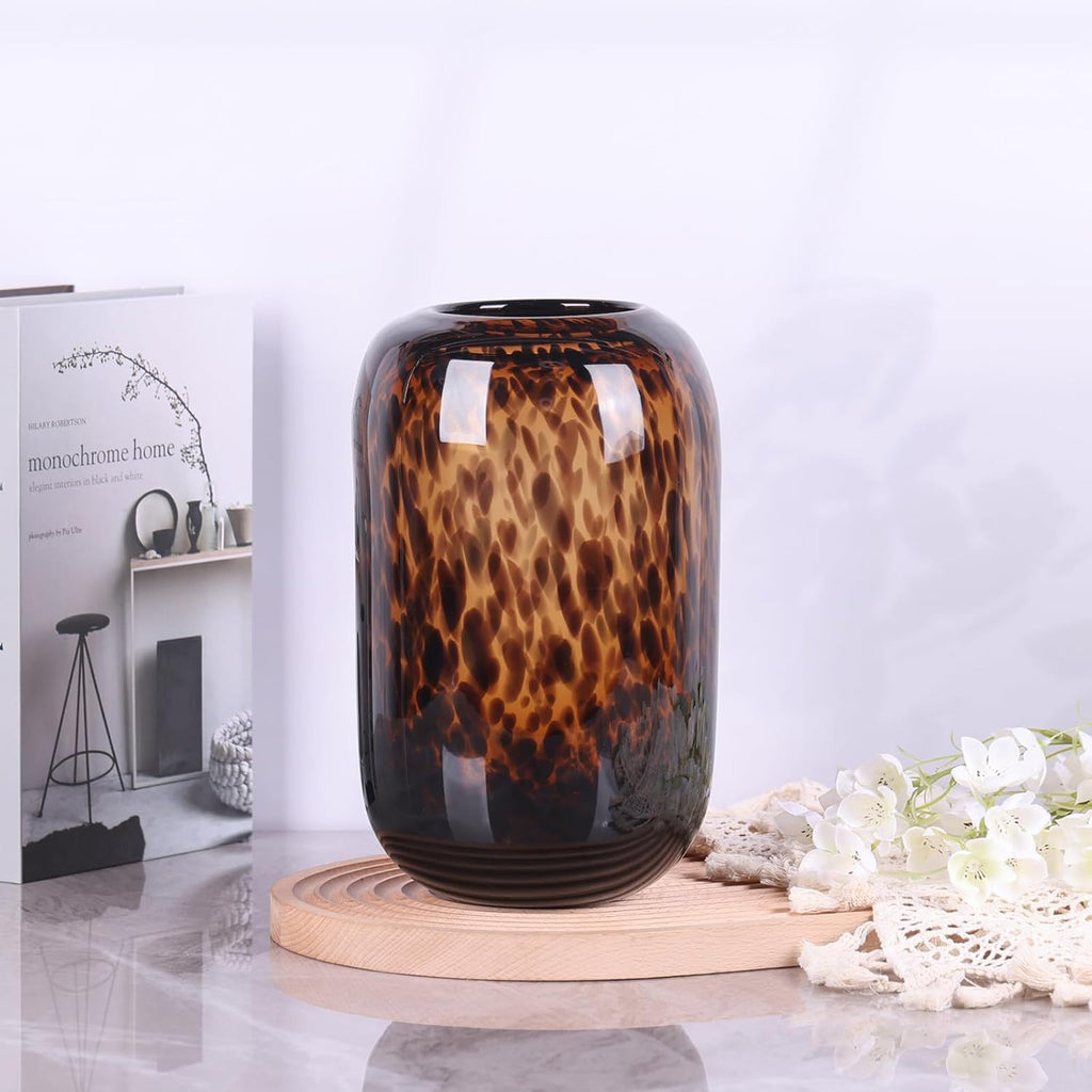 Amber Brown Glass Vase - Round Art Glass Vase with Tortoise Shell Pattern, Hand Blown Wide Mouth Decorative