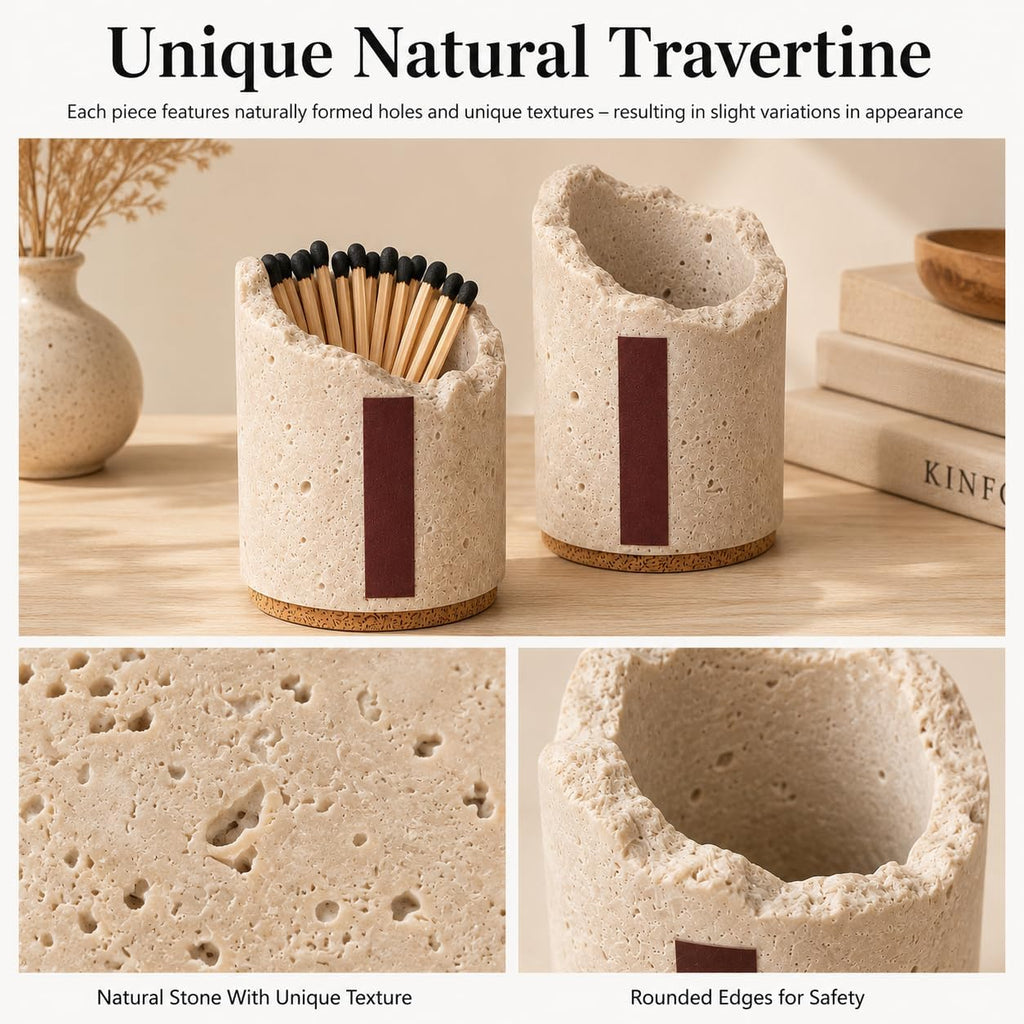 Match Holder with Striker: Travertine Decorative Match Holder - Set of 2
