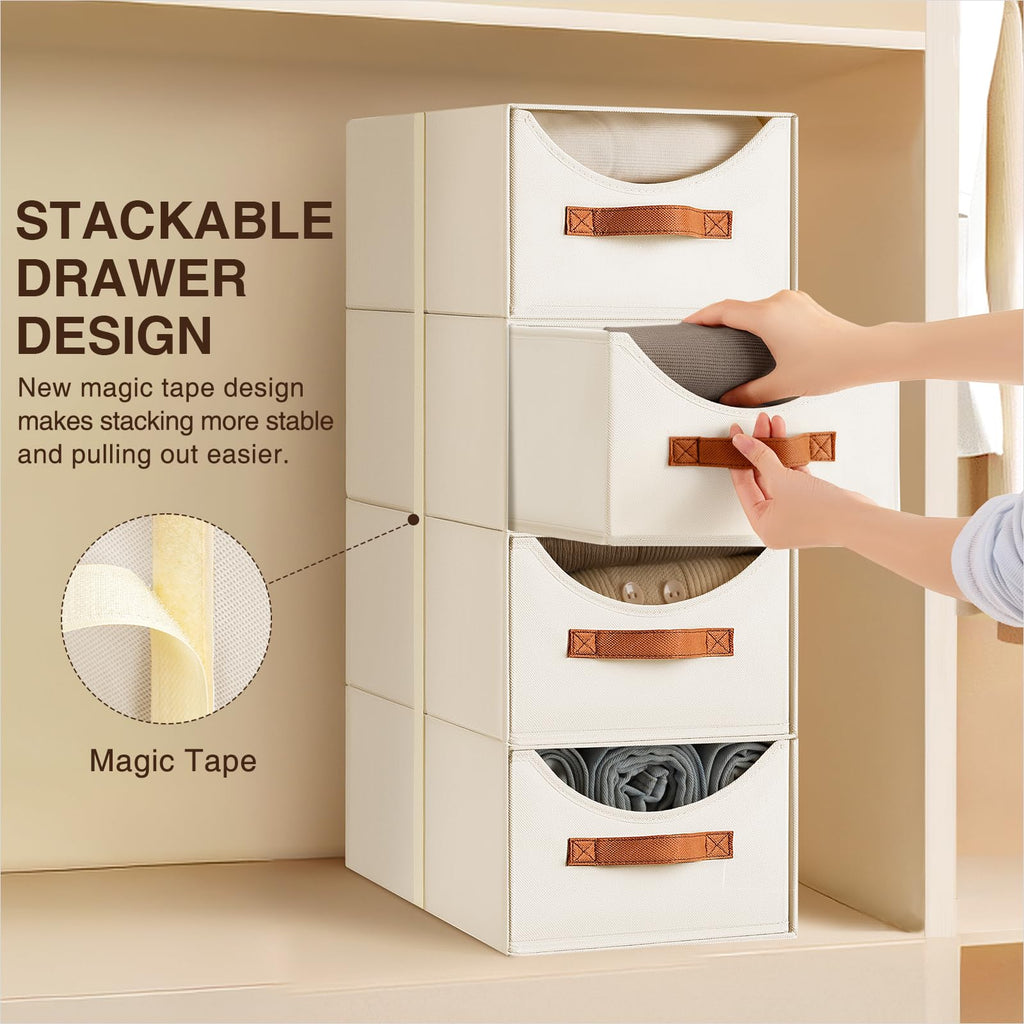 Stackable Storage Drawers - Collapsible Storage Bins with Drawers, 8 Pack Closet Shelf Organizer Basket, Fabric Pull