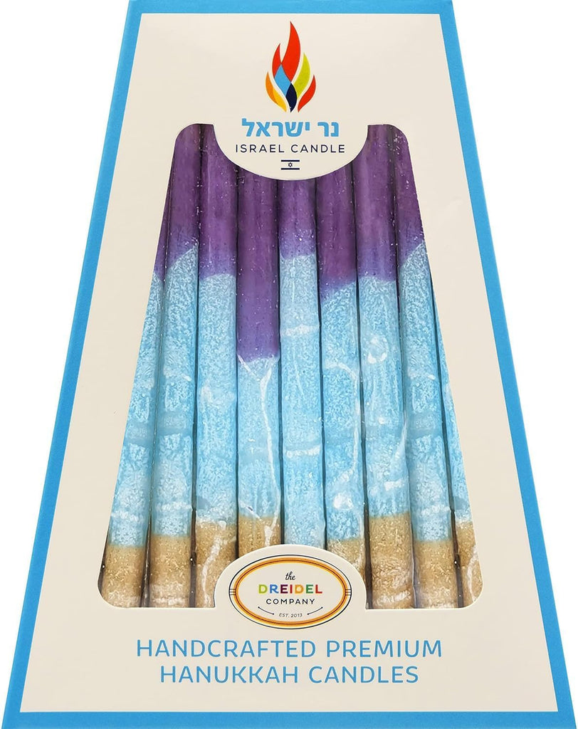 Dripless Hanukkah Candles 45 Hanukkah Candles Decorative Purple, with Blue & Gold Frosted Stripes 1-Hour Burn Time - Set of 45