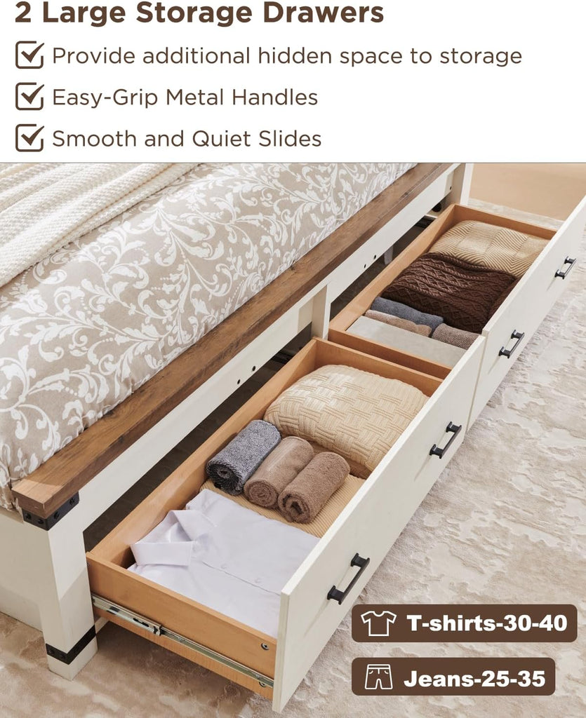 Farmhouse King Bed Frame with 54" Tall Geometric Headboard & 2 Large Storage Drawers, Rustic Wood Platform Bed with