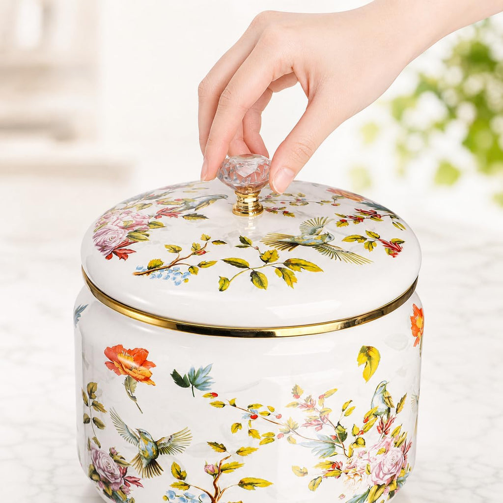 81 oz (2.4 L) Vintage Enamel Canister with Lid, Large Floral Storage Container Kitchen Cookie Jar for Sugar, Tea