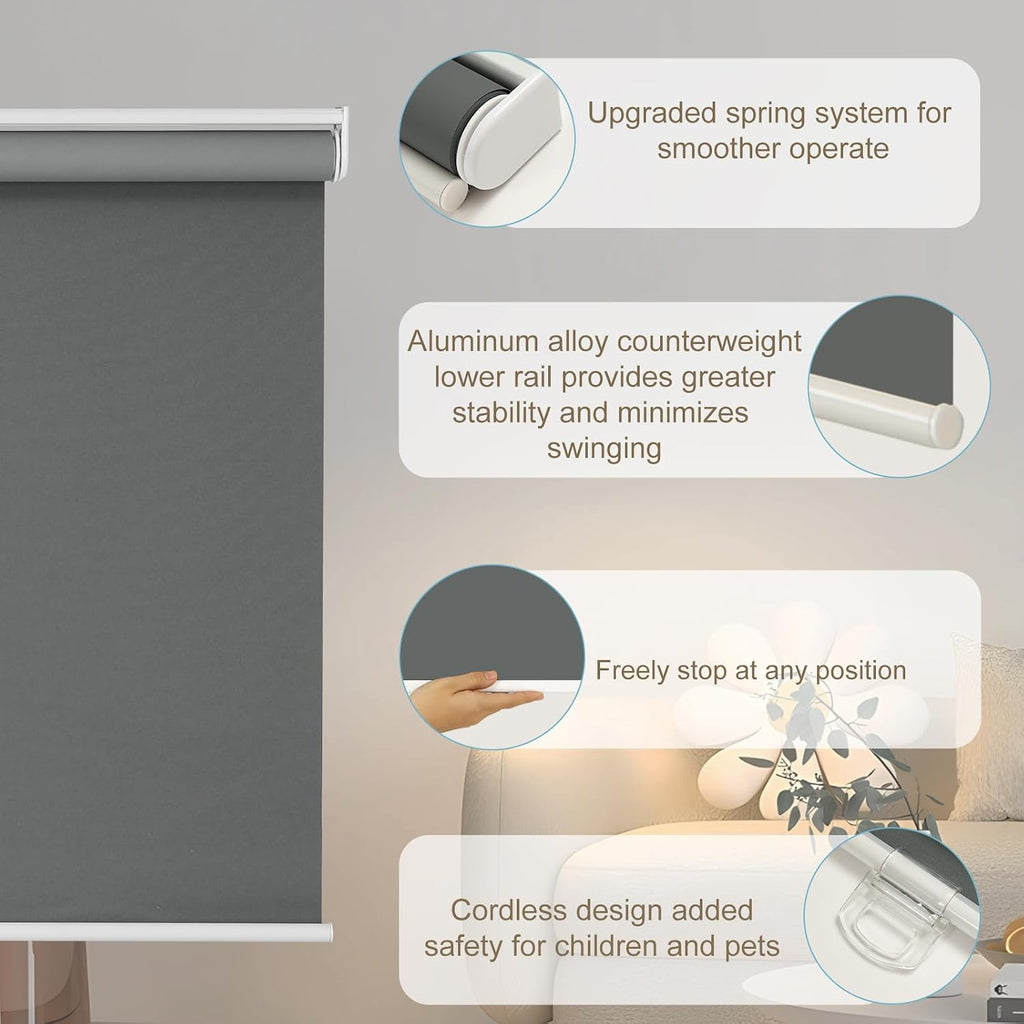 Blackout Roller Shades Cordless for Windows, 100% Room Darkening Window Blinds, Thermal Insulated UV Protection, Easy