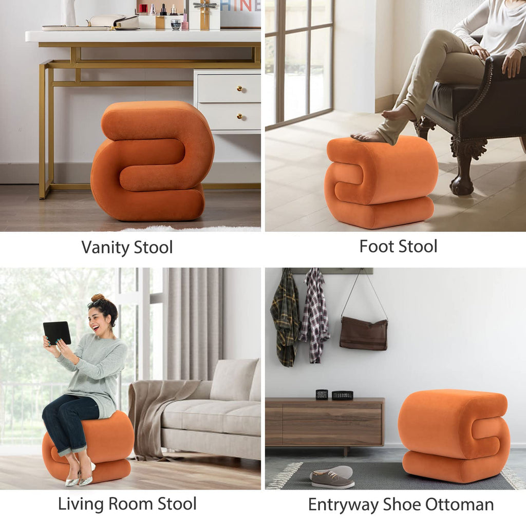 Velvet Vanity Stool, Modern S-Shaped Pouf Ottoman Footrest Makeup Chair Foot Stool Under Desk, Decorative Floor Seat