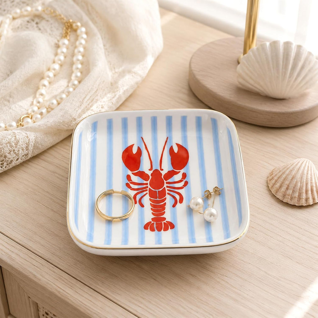 Crawfish Square Ring Dish Summer Crayfish Stripe Ceramic Jewelry Tray Watercolor Red Blue Lobster Trinket Dish