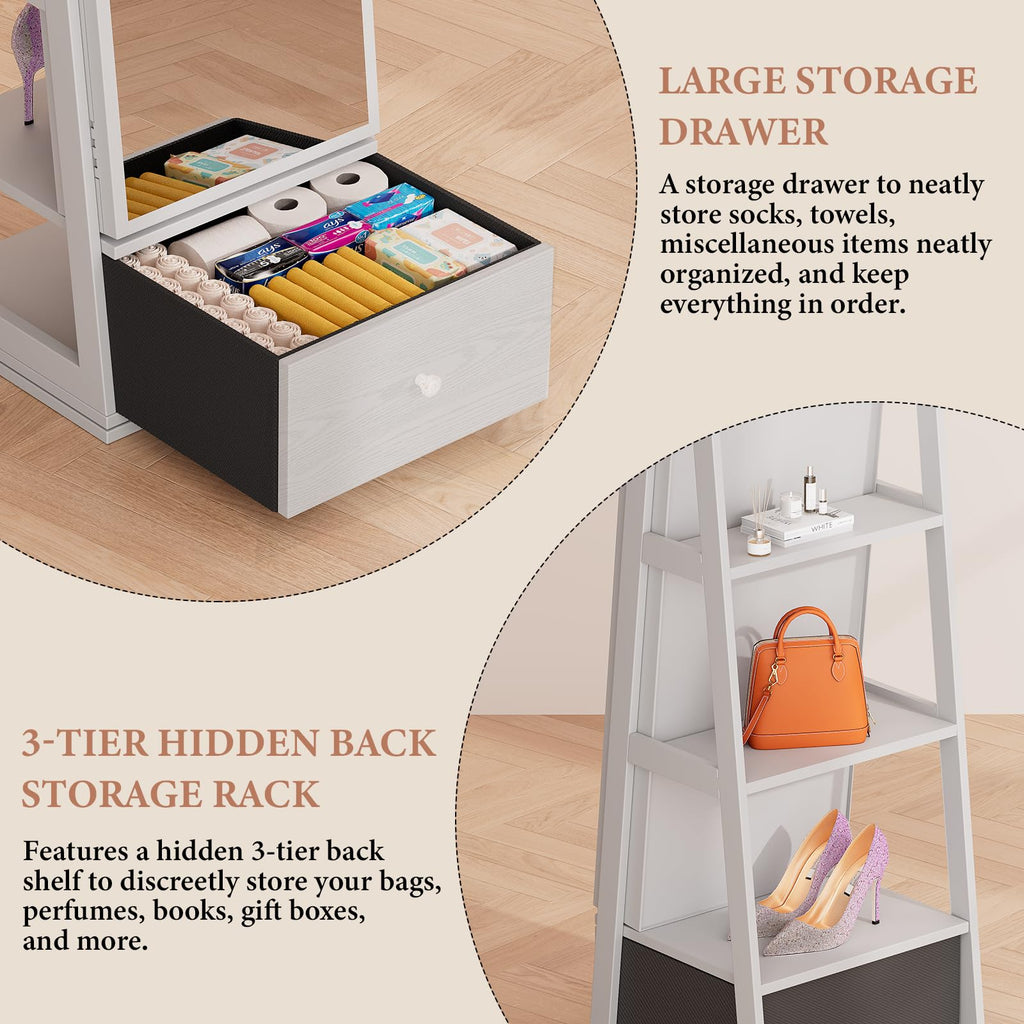 Rotatable 6 LEDs Jewelry Armoire With Drawer, White