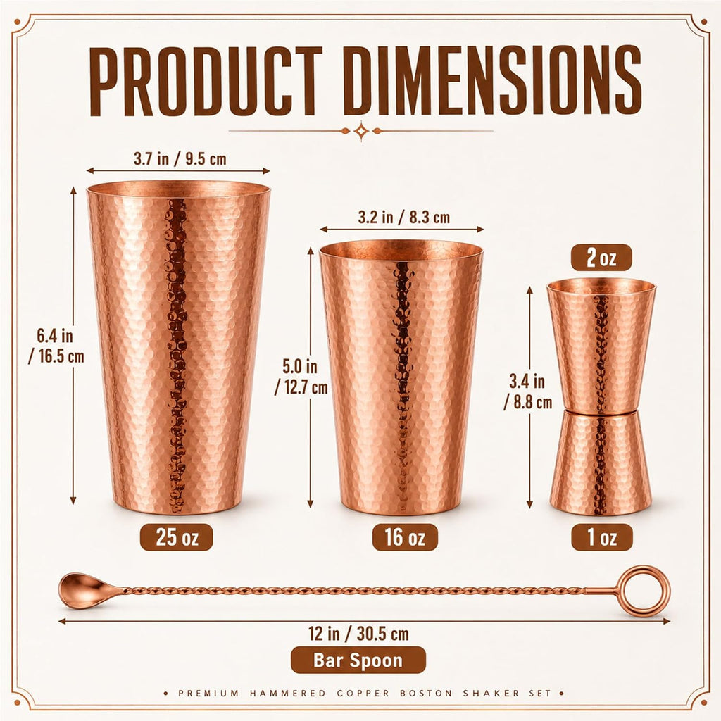 100% Solid Copper Boston Cocktail Shaker Set 16 oz & 25 oz Boston Cocktail 1oz & 2oz Doubleheaded Jigger and 12 - Set of 4