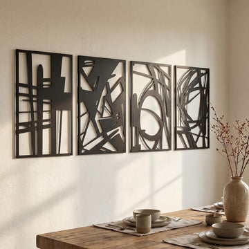 Black Metal Abstract Geometric Hollow Wall Sculpture Decor Set - Set of 4