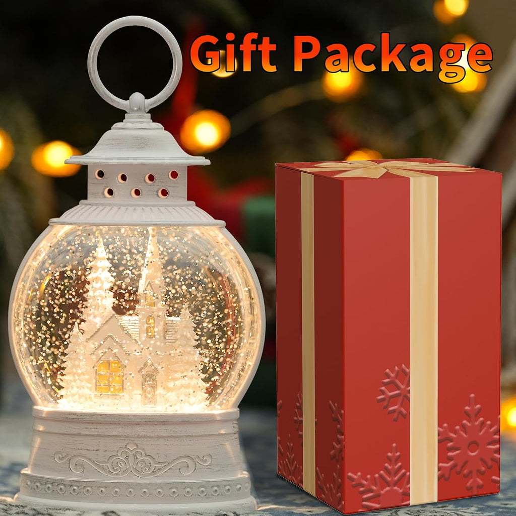 Christmas Church Snow Globe, Musical Snow Globe Lantern with Swirling Glitter, White Christmas Tree Churches, USB &