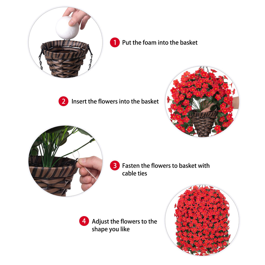 Artificial Hanging Flowers with Baskets for Decor, Fake Silk Red Hanging Daisy Orchid Flowers Plants, Faux Flower