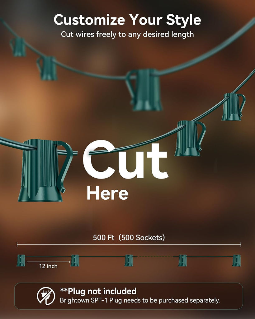 Commercial 500 FT C9/E17 Christmas Light Sockets Set Spool, UL Listed C9 Sockets Patio String Lights C9 Strands - 12"