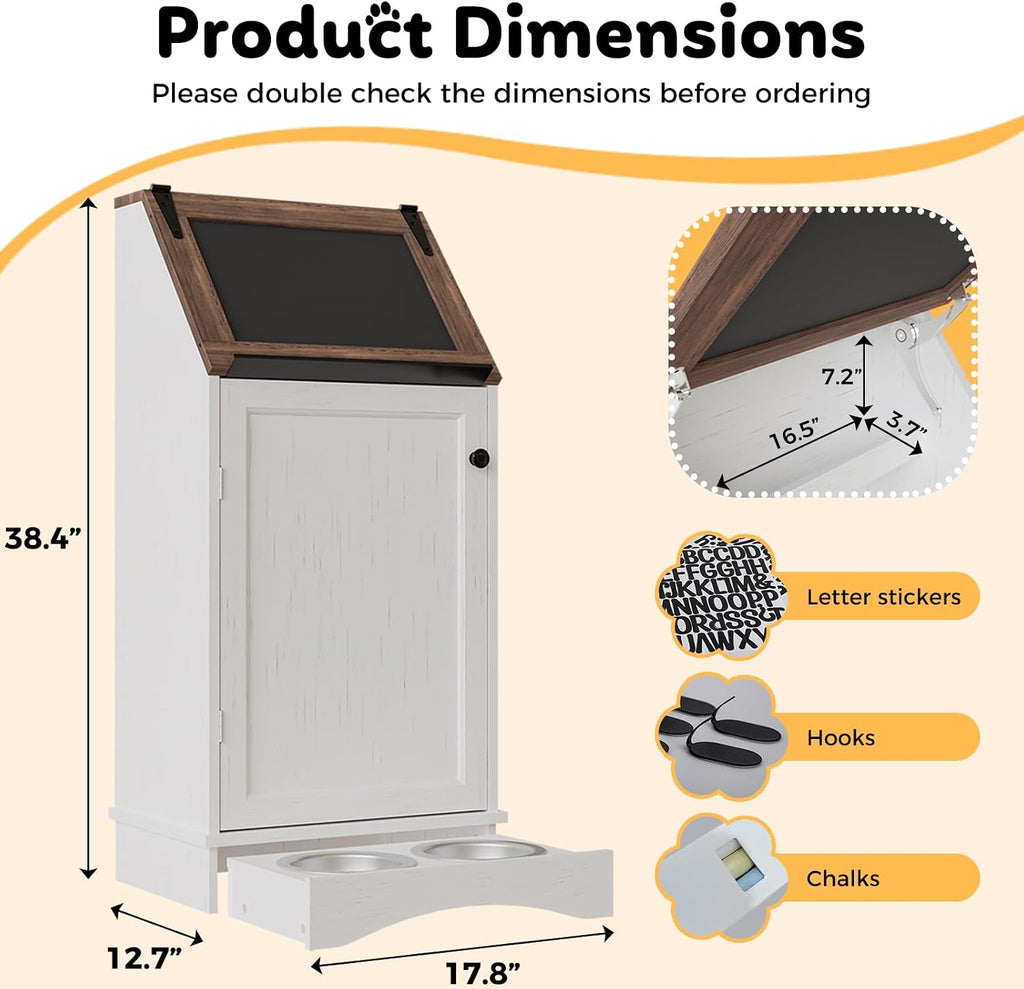Dog Food Feeding Station Storage with Bowls, Pet Food Storage Cabinet with Flip-Top Blackboard, Hidden Trash Can, Pet