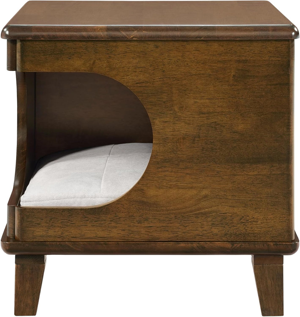 Beryl Rubber Wood 2-in-1 Cat House End Table with Cushion, Multi-Functional Pet Side Table Cat Cave Nightstand