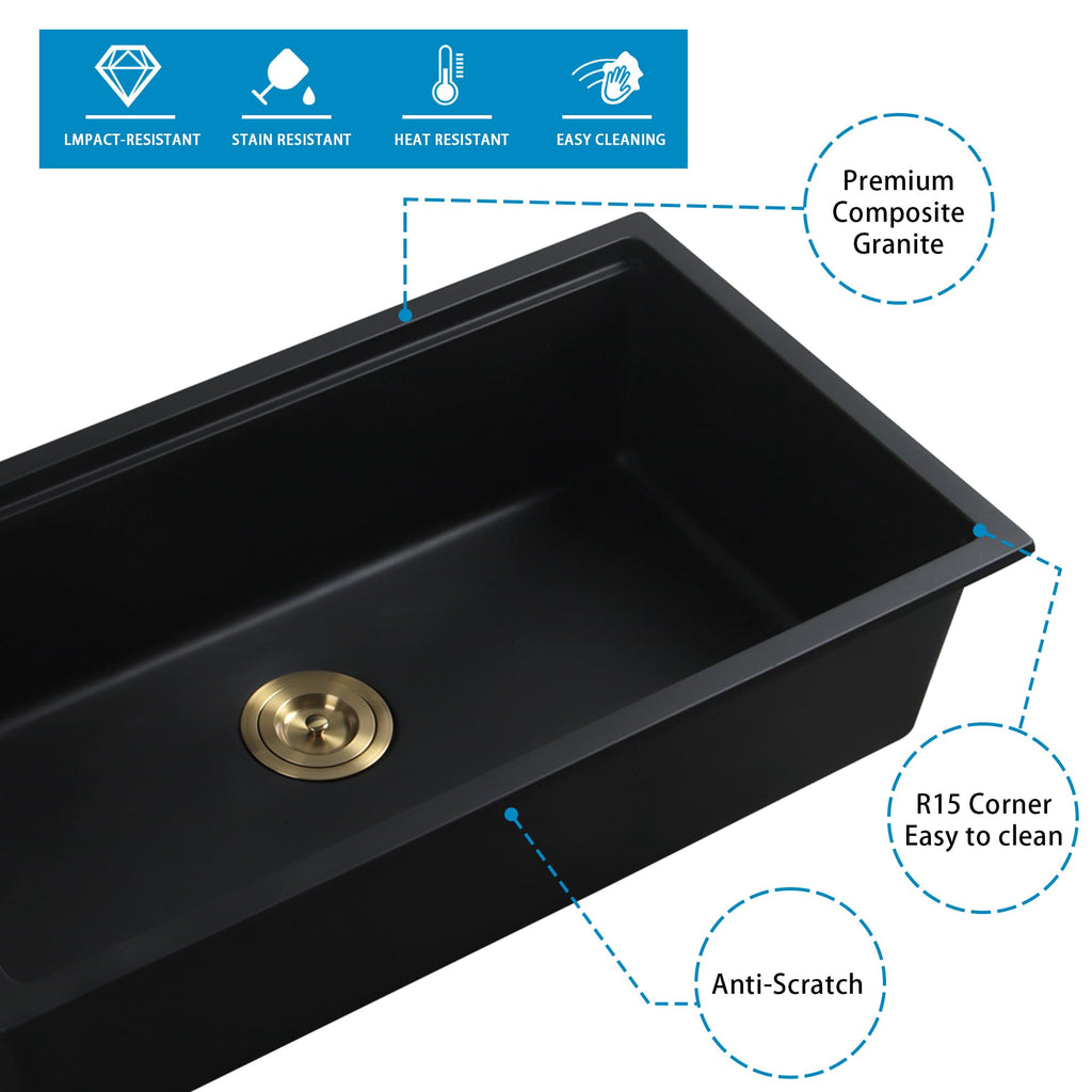 Black Undermount Kitchen Sink 30 Inch, Workstation Granite Sink
