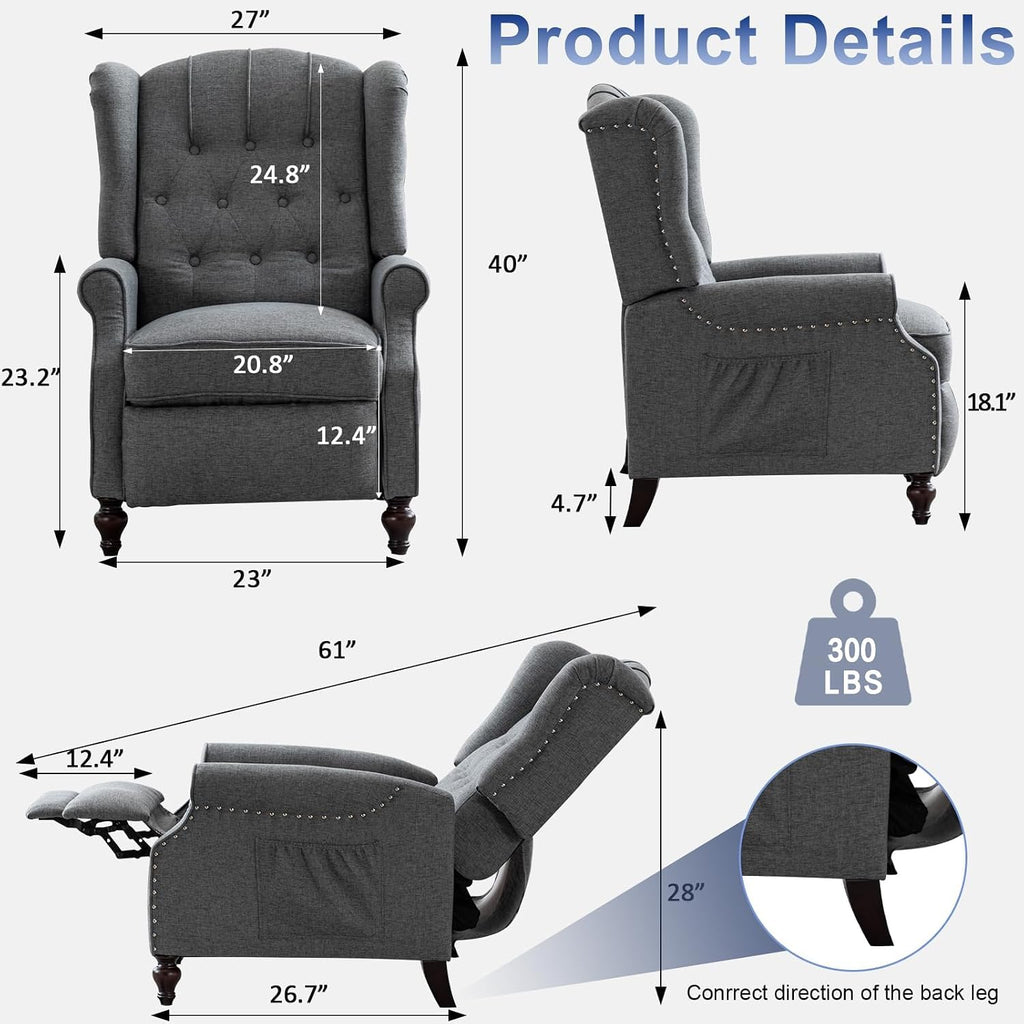 Wingback Recliner Chair with Massage and Heat- Accent Chair Push Back Chair Bedroom, Tufted Comfy Reclining Arm Chair