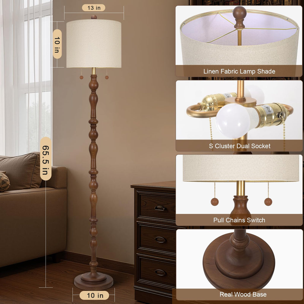 65.5" Natural Real Wood Floor Lamp with Dual Pull Chains Switch