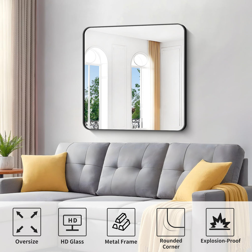 Black Bathroom Mirrors for Wall, 30"x30" Square Mirror, Rounded Corner Metal Frame Wall Mirror, Bathroom Vanity