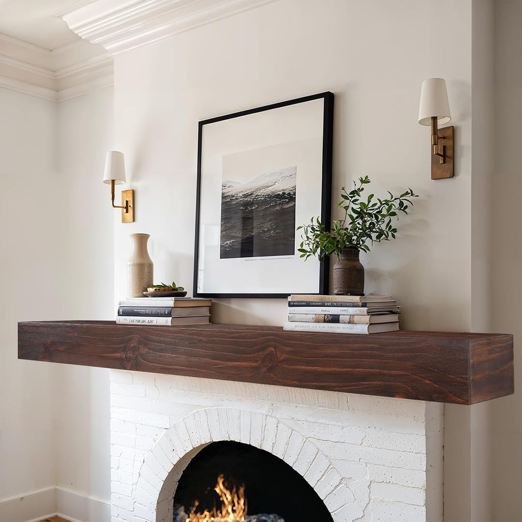 60" Solid Wood Floating Fireplace Mantel Shelf, Rustic Dark Oak