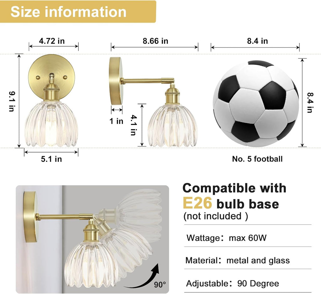 Hardwired wall sconces set of two, Gold Wall Lamp , ETL Listed | Clear Tulip Glass Shade, 90° Adjustable, Not Battery