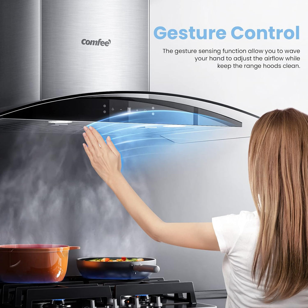 30 Inch Stainless Steel Kitchen Range Hood 450 CFM 3 Speed Gesture & Touch Control, LED Lights, Baffle Filters, Convertible Ducted/Ductless Glass Canopy