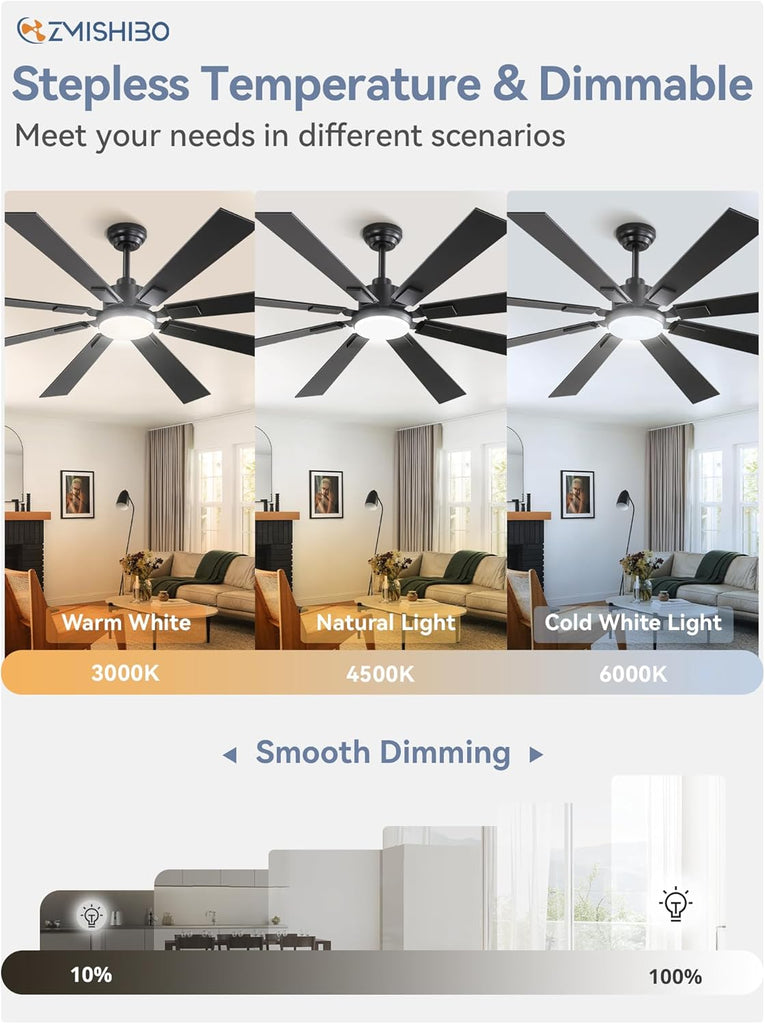 65" Black Ceiling Fan with Dimmable 3000-6000K Light and Remote