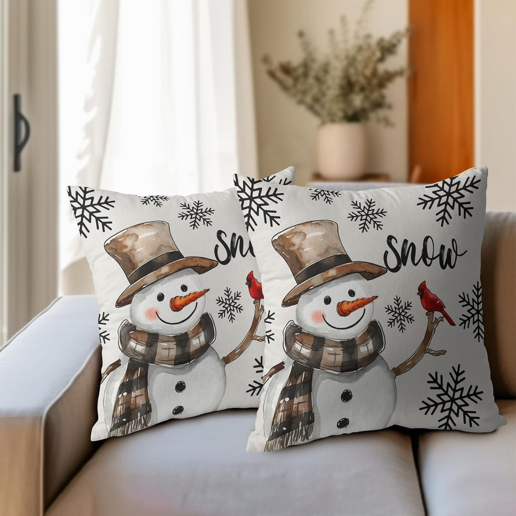 Snowman Throw Pillow Cover Christmas Pillowcase 18x18 Inch Snowflake and Red Cardinal Bird Decorative - Set of 2