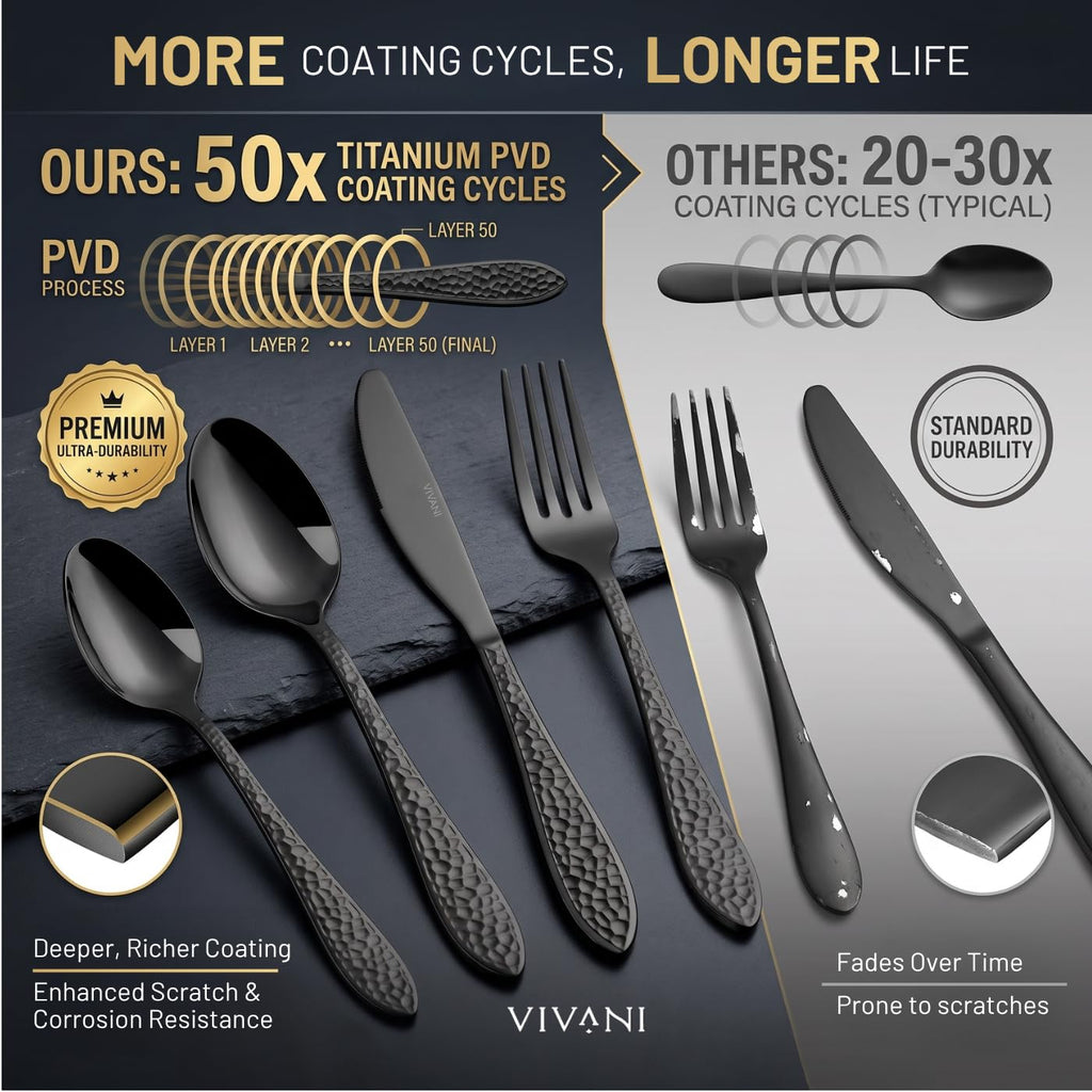 40-Piece Black Silverware Set, Hammered Flatware Set, Service for 8