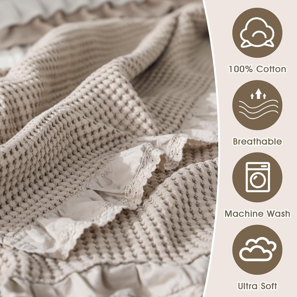 Waffle Weave Blanket 43" x 63" 100% Cotton Neutral Boho Farmhouse Woven Knitted Beige Throw with Ruffles Warm Soft