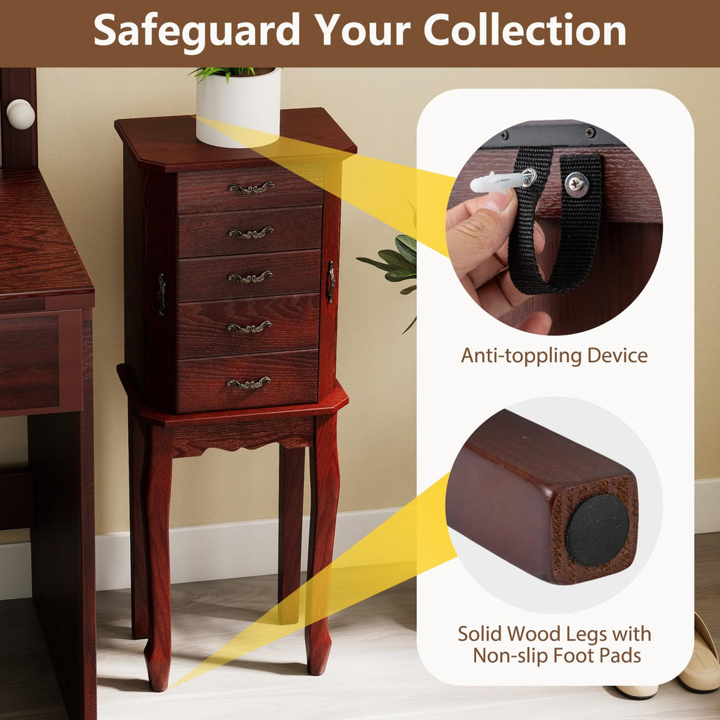 Standing Jewelry Cabinet with 4 Drawers, Flip Top Mirror, Walnut
