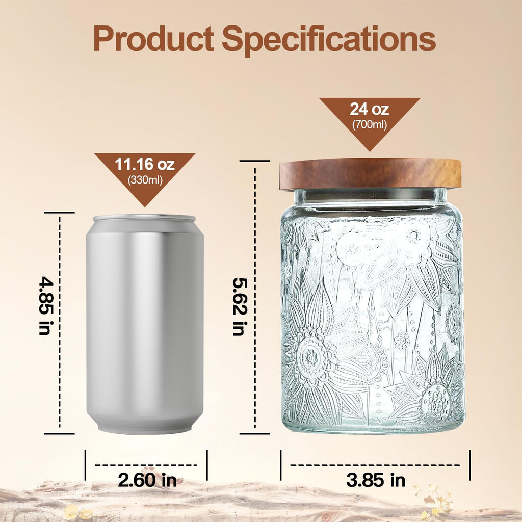 2-Pack 24 OZ Vintage Glass Jar with Lid, Airtight Food Storage Canisters with Bamboo Counter Pantry, Ideal for