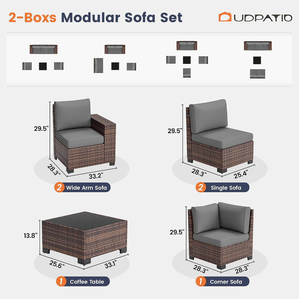 6-Piece Patio Furniture Set, 8 Inch Armrest, 4" Thick Cushion | L Shape Modular Sectional Sofa w/ Glass Coffee Table