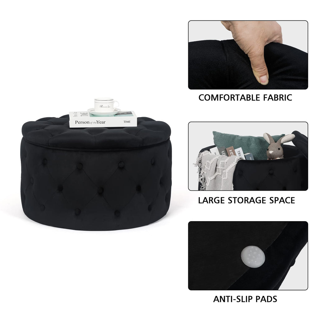 Velvet Round Storage Ottoman with Tufted Lid, 24.8 Inch Upholstered Footstool & Accent Chair, Black