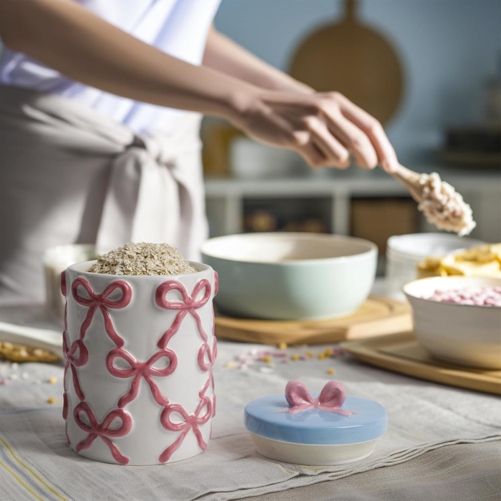 Cookie Jars with Lid Airtight, 42 OZ Large Ceramic Food Storage Containers, Cute Pink Bow Kitchen Canisters