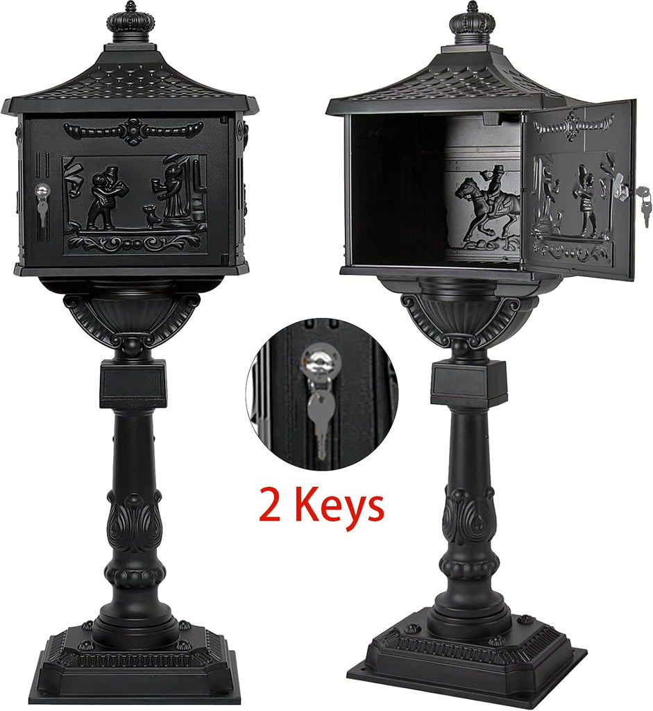Classic Cast Aluminum Mailbox - 45.5" Postal Box with Locking Door and Keys, Vintage Design Men Women