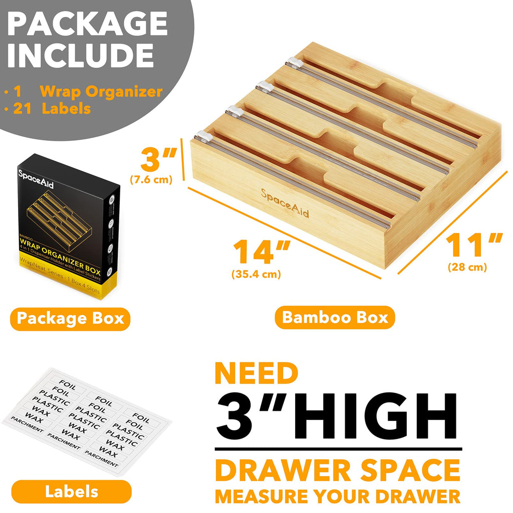 WrapNeat 4 in 1 Wrap Organizer with Cutter and Labels, Plastic Wrap, Aluminum Foil and Wax Bamboo Dispenser Storage
