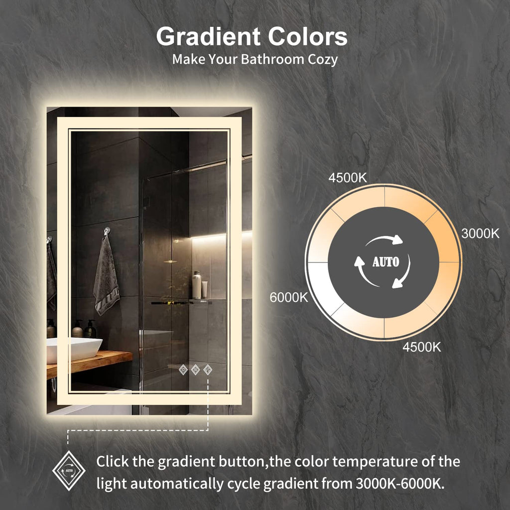 LED Mirror, 24x36 Inch Gradient Front and Backlight LED Bathroom Mirror, 3 Colors Dimmable CRI>90 Double Lights