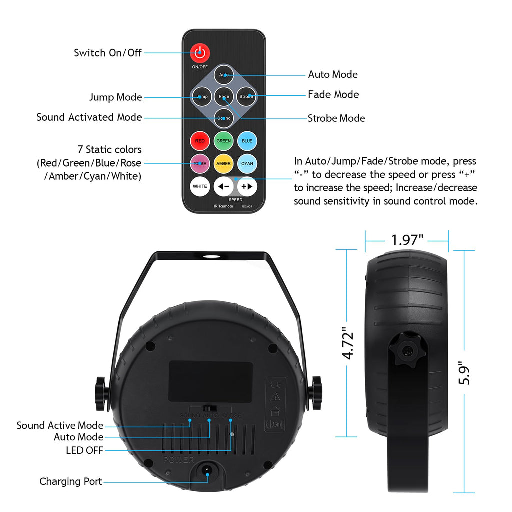 Rechargeable Strobe Lights for Parties Wireless LED Halloween Strobe Light Battery Powered, Remote Control & Sound