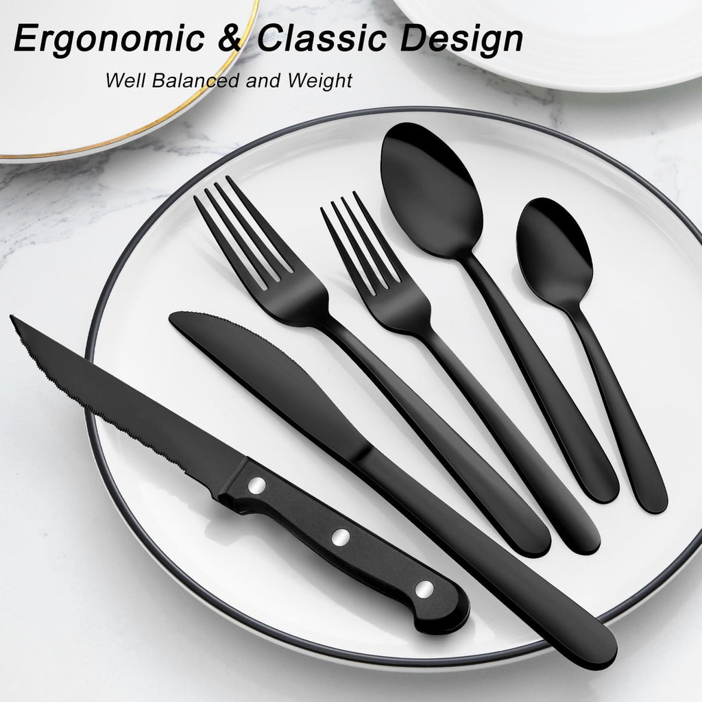 72Pcs Black Silverware Sets for 12 - Dishwasher Safe, Stainless Steel Cutlery Set with Steak Knives, Flatware Set