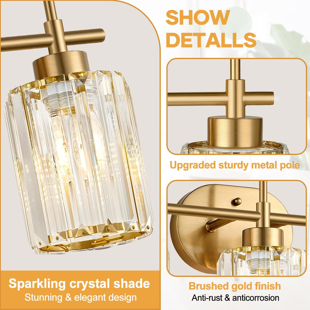 Modern Crystal Bathroom Vanity Light, 3-Light Brushed Gold Bathroom Light Fixtures with Clear Shades, Vanity Lighting