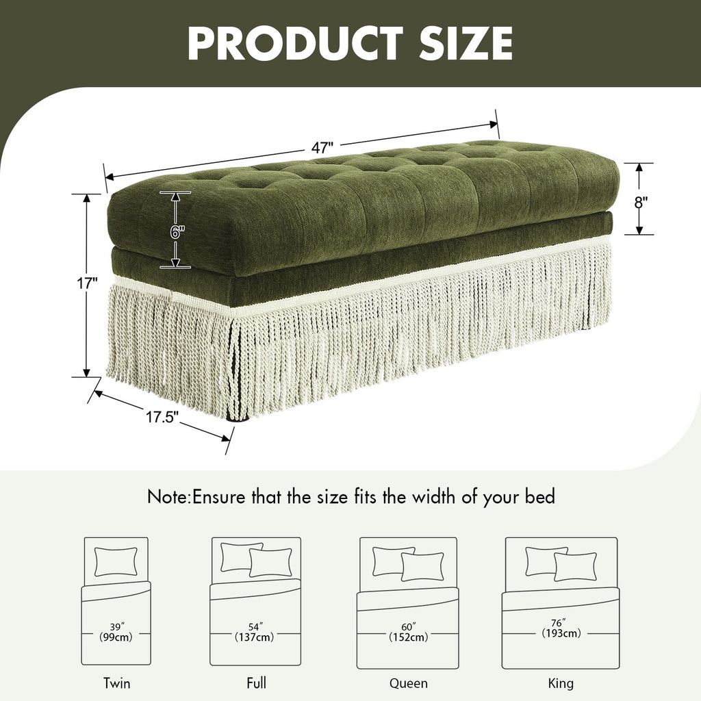 47-Inch Chenille Ottoman Bench Vintage Tufted Fringe Design Green
