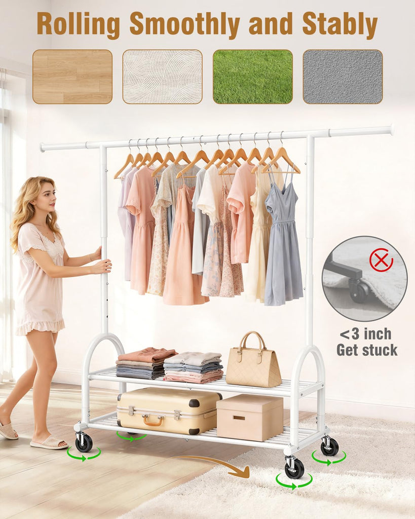 Rolling Clothes Rack Heavy Duty Clothing Racks with 2 Shelves, White