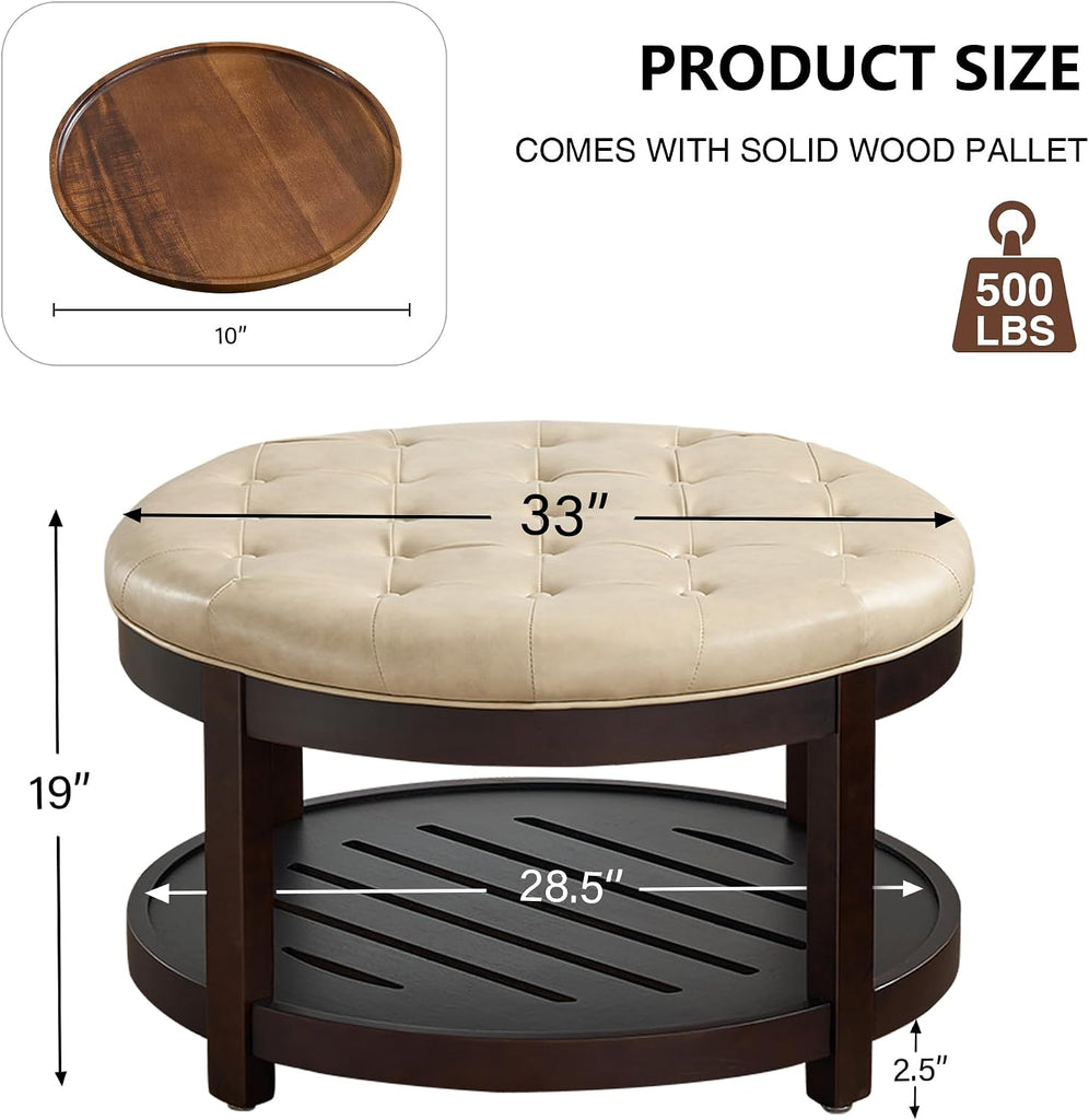 Round Coffee Tables ,33'' Storage Ottoman with Wooden Tray, Upholstered Ottoman Footrest, Ivory