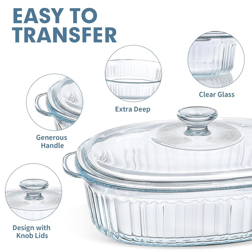 4-Piece Glass Casserole Baking Dish, Set of 2 Casseroles With Glass Lids, 1.9 Qt and 3 Qt
