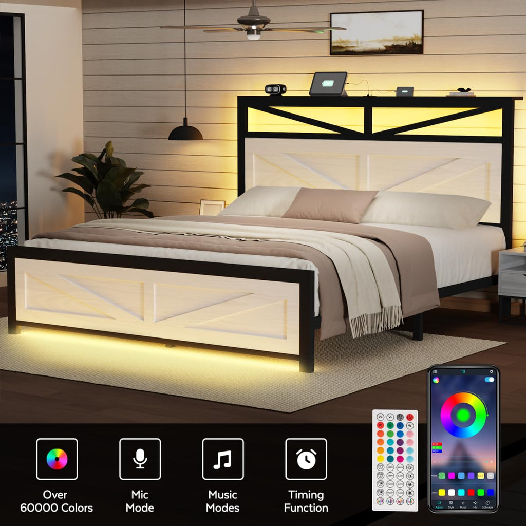 Rustic Bed Frame with Barn Door Headboard and Storage, Farmhouse LED Bed Frame with Charging Station