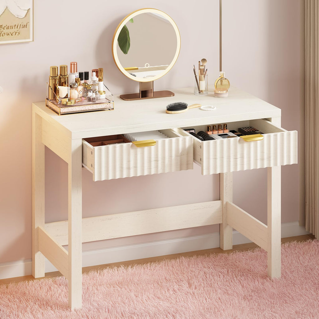 32 Inch Small Fluted Computer Desk with 2 Drawers
