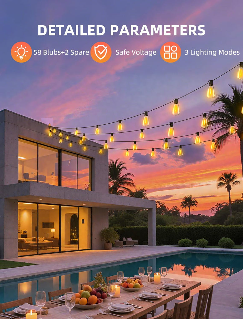 Outdoor Patio String Lights: 150Ft 45M Outside Waterproof Light - Remote Dimmable ST38 Shatterproof Bulb Connectable