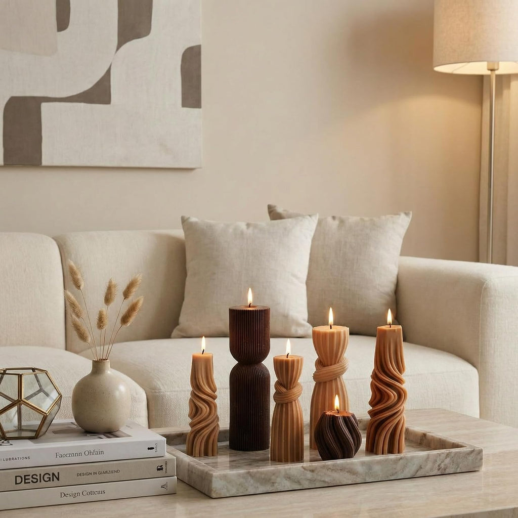 Ribbed Pillar Candles Decorative Candle Brown, 2.36-6.89 Inch - Set of 6